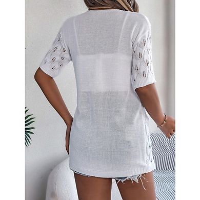 Women's Open Front Short Sleeve Knit Cardigans Casual Hollow Out Lightweight Sweater Coats