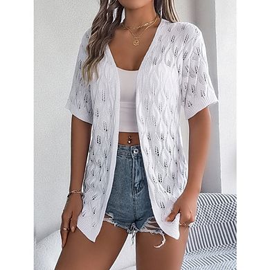 Women's Open Front Short Sleeve Knit Cardigans Casual Hollow Out Lightweight Sweater Coats
