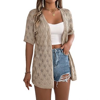 Women's Open Front Short Sleeve Knit Cardigans Casual Hollow Out Lightweight Sweater Coats