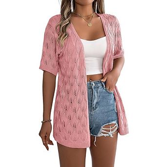 Women's Open Front Short Sleeve Knit Cardigans Casual Hollow Out Lightweight Sweater Coats