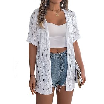 Women's Open Front Short Sleeve Knit Cardigans Casual Hollow Out Lightweight Sweater Coats