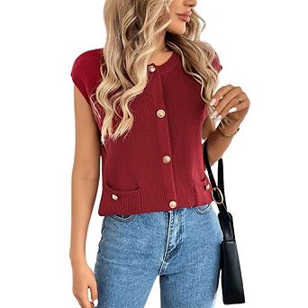 Women's Sleeveless Button Down Knit Cardigans Casual Cropped Sweater Vests with Pockets