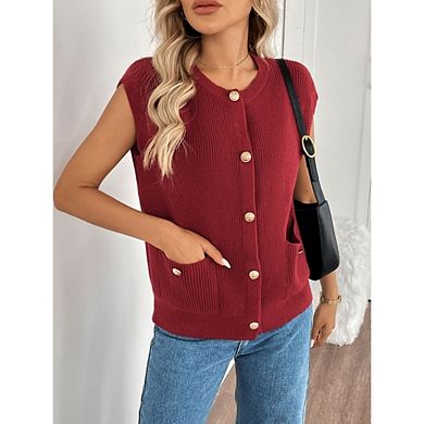 Women's Sleeveless Button Down Knit Cardigans Casual Cropped Sweater Vests with Pockets