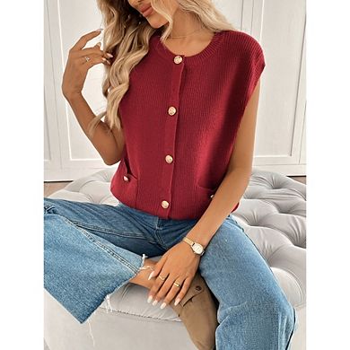 Women's Sleeveless Button Down Knit Cardigans Casual Cropped Sweater Vests with Pockets