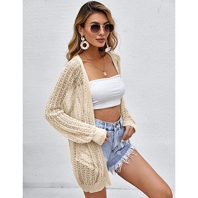 Women's Open Front Crochet Knit Cardigans Casual Long Sleeve Lightweight Sweater Coats