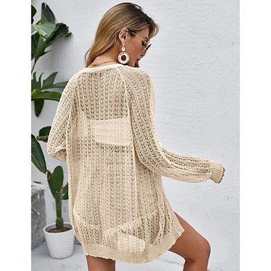 Women's Open Front Crochet Knit Cardigans Casual Long Sleeve Lightweight Sweater Coats