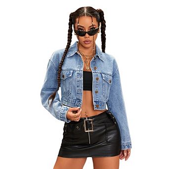 Women's Cropped Denim Jackets Casual Button Down Long Sleeve Jean Coats