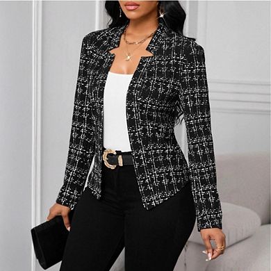 Women's Plaid Print Open Front Blazer Casual Long Sleeve Work Office Jacket