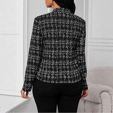 Women's Plaid Print Open Front Blazer Casual Long Sleeve Work Office Jacket