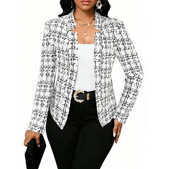 Women's Plaid Print Open Front Blazer Casual Long Sleeve Work Office Jacket