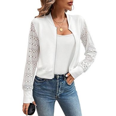 Women's Lace Sleeve Openwork Bomber Jacket Casual Zip Up Cropped Outerwear