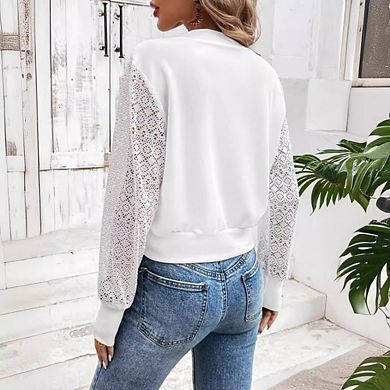 Women's Lace Sleeve Openwork Bomber Jacket Casual Zip Up Cropped Outerwear