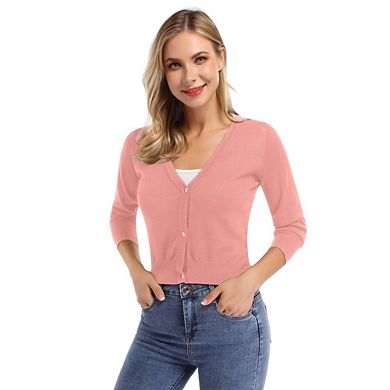 Women's 3/4 Sleeve Cropped Knit Cardigan Casual V Neck Button Up Sweater