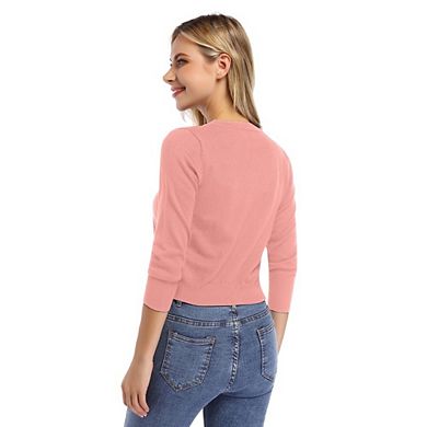 Women's 3/4 Sleeve Cropped Knit Cardigan Casual V Neck Button Up Sweater