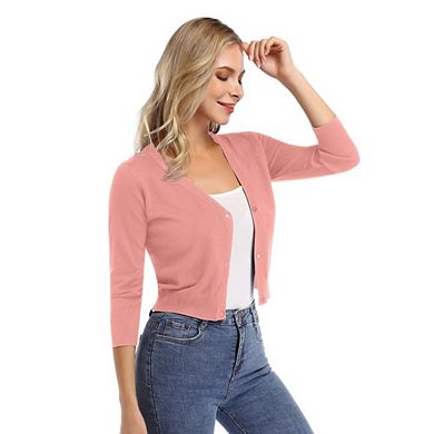 Women's 3/4 Sleeve Cropped Knit Cardigan Casual V Neck Button Up Sweater