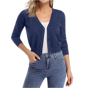 Women's 3/4 Sleeve Cropped Knit Cardigan Casual V Neck Button Up Sweater