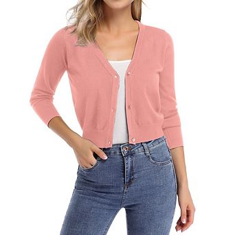 Women's 3/4 Sleeve Cropped Knit Cardigan Casual V Neck Button Up Sweater