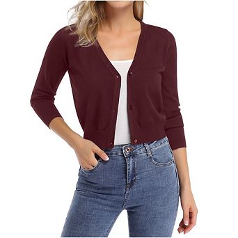 Women's 3/4 Sleeve Cropped Knit Cardigan Casual V Neck Button Up Sweater