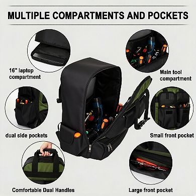 Durable Fabric Tool Backpack for Mechanics and Technicians, Work Tool Bag for Electricians