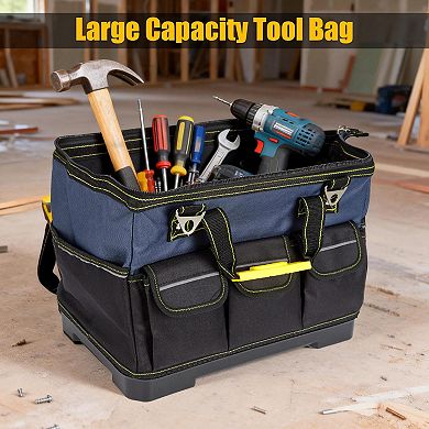 Tool Bag with Waterproof Plastic Molded Base, Oxford Fabric Wide Mouth Tool Tote Organizer