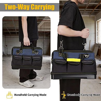 Tool Bag with Waterproof Plastic Molded Base, Oxford Fabric Wide Mouth Tool Tote Organizer