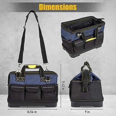 Tool Bag with Waterproof Plastic Molded Base, Oxford Fabric Wide Mouth Tool Tote Organizer