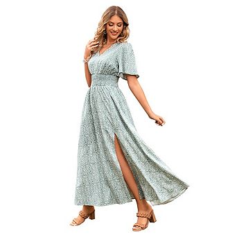 Women Summer Dress V Neck Short Sleeve Chiffon Long Tiered Floral Elegant Maxi Dress