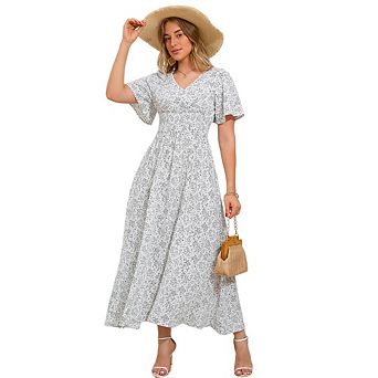 Women Summer Dress V Neck Short Sleeve Chiffon Long Tiered Floral Elegant Maxi Dress