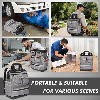Oxford Cloth Tool Bag with Plastic Bottom, Portable Multi-Pocket Work Tool Organizer and Carrier