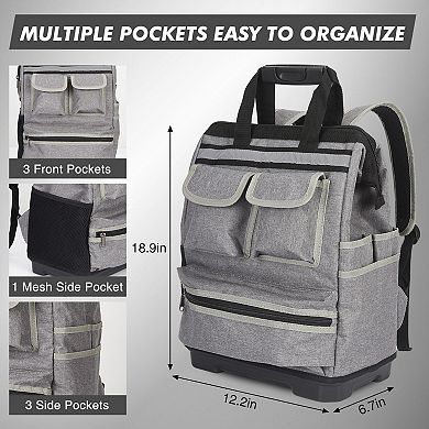 Oxford Cloth Tool Bag with Plastic Bottom, Portable Multi-Pocket Work Tool Organizer and Carrier