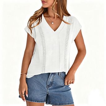 Women's Summer Casual Lace Trim V Neck Shirt Ruched Short Sleeve Blouse Loose Fit Boho Top