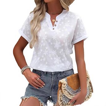 Women's Floral Lace Embroidered V-Neck Short Sleeve Shirt Casual Summer Top Loose Fit Boho Blouse