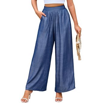 Women's Flowy Palazzo Pants with Pocket Elastic High Waist Wide Leg Pants for Summer