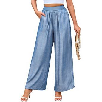 Women's Flowy Palazzo Pants with Pocket Elastic High Waist Wide Leg Pants for Summer