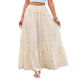 Women's Tiered Flowy Maxi Skirt Smocked High Waist Boho Skirt for Summer