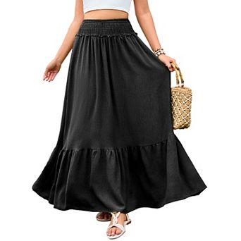 Women's Tiered Flowy Maxi Skirt Smocked High Waist Boho Skirt for Summer