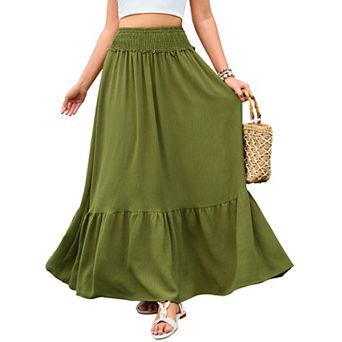 Women's Tiered Flowy Maxi Skirt Smocked High Waist Boho Skirt for Summer