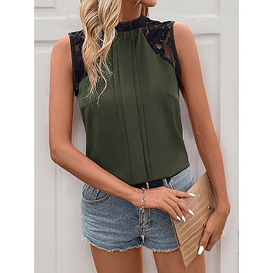 Women's Lace Trim Sleeveless Blouse Half Turtle Neck Casual Elegant Spring Summer Top