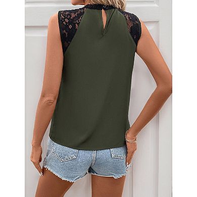 Women's Lace Trim Sleeveless Blouse Half Turtle Neck Casual Elegant Spring Summer Top