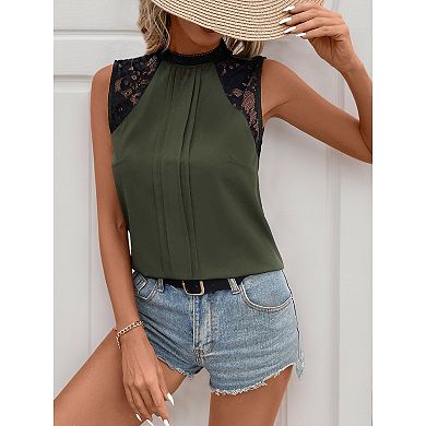 Women's Lace Trim Sleeveless Blouse Half Turtle Neck Casual Elegant Spring Summer Top