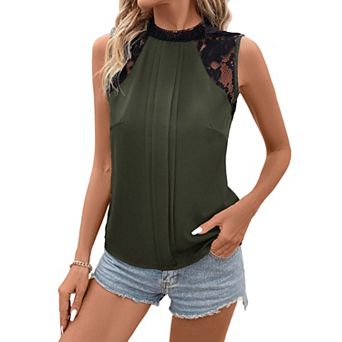 Women's Lace Trim Sleeveless Blouse Half Turtle Neck Casual Elegant Spring Summer Top