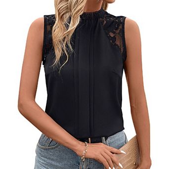 Women's Lace Trim Sleeveless Blouse Half Turtle Neck Casual Elegant Spring Summer Top