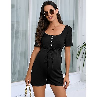 Maternity Jumpsuits Short Sleeve Squre Neck Button Drawstring Rompers