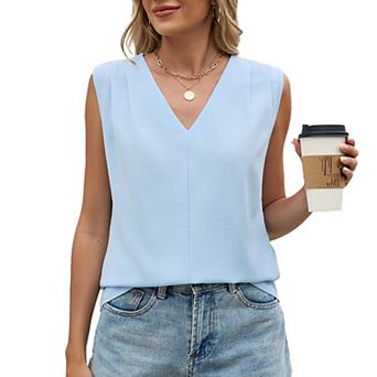 Women's V Neck Sleeveless Chiffon Blouse Loose Fit Pleated Front Casual Lightweight Office Tank Top