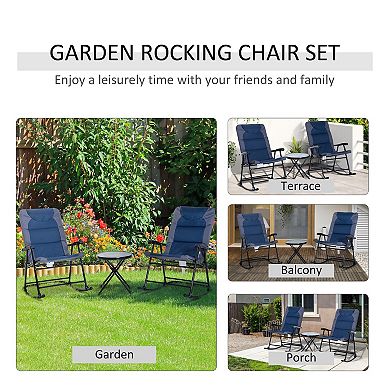 3 Piece Patio Bistro Set with Glass Top Table and Padded Rocking Chairs for Balcony