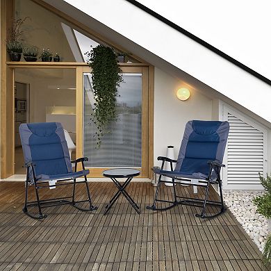 3 Piece Patio Bistro Set with Glass Top Table and Padded Rocking Chairs for Balcony
