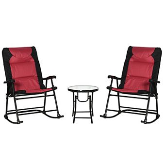 3 pc Outdoor Bistro Set with Glass Top Table and Folding Rocking Chairs for Porch