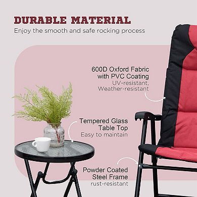 3 Piece Outdoor Bistro Set with Glass Top Table and Folding Rocking Chairs for Porch