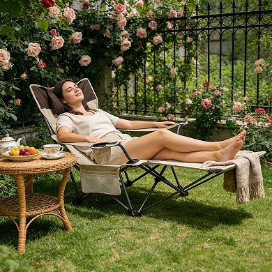 Adjustable Reclining Folding Camping Chair with Storage Pockets for Beach and Lawn