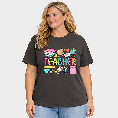 Teacher Bright Collage - Women's Plus Sized Garment Dyed Graphic T-Shirt